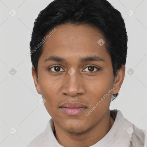 Neutral black young-adult male with short  black hair and brown eyes