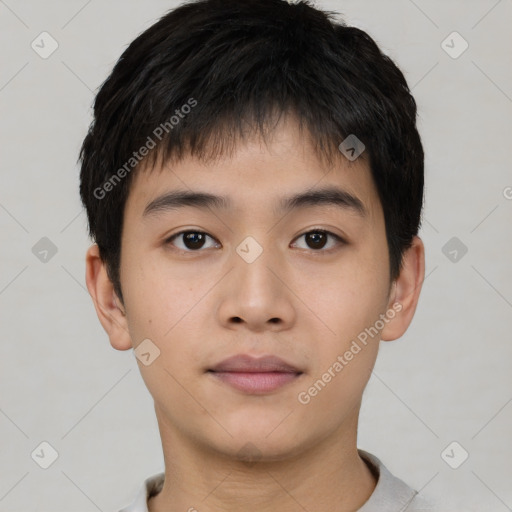 Neutral asian young-adult male with short  black hair and brown eyes