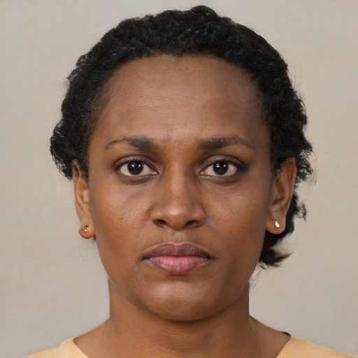 Neutral black young-adult female with short  brown hair and brown eyes