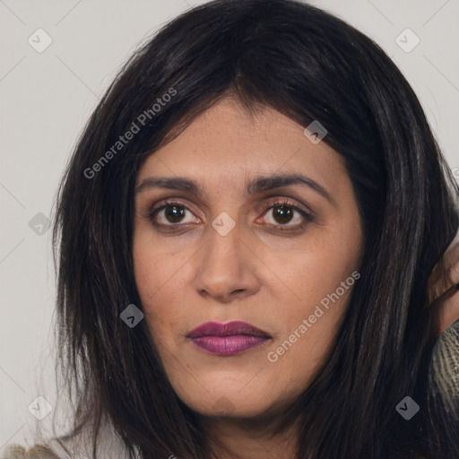 Joyful asian young-adult female with long  brown hair and brown eyes