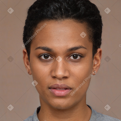 Neutral latino young-adult female with short  black hair and brown eyes