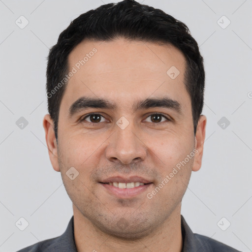 Joyful white young-adult male with short  black hair and brown eyes