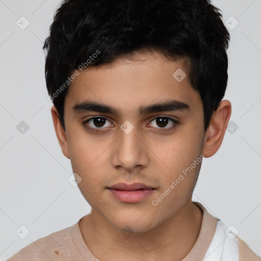 Neutral latino young-adult male with short  brown hair and brown eyes