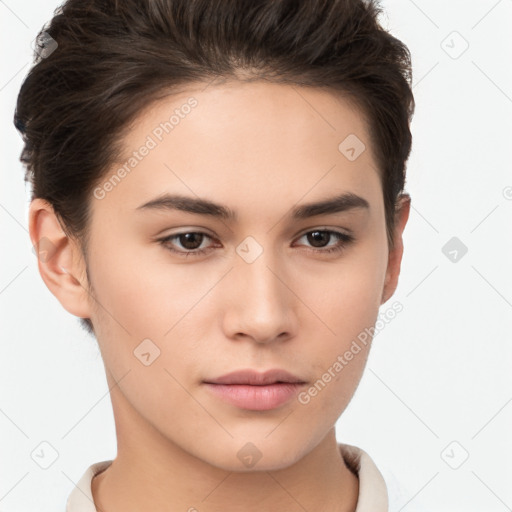 Neutral white young-adult female with short  brown hair and brown eyes