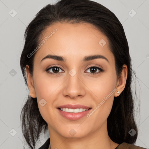 Joyful white young-adult female with medium  black hair and brown eyes