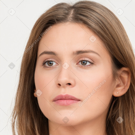 Neutral white young-adult female with long  brown hair and brown eyes