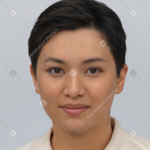 Joyful white young-adult female with short  brown hair and brown eyes