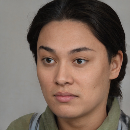 Neutral asian young-adult female with medium  brown hair and brown eyes