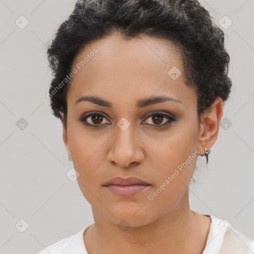 Neutral latino young-adult female with short  black hair and brown eyes