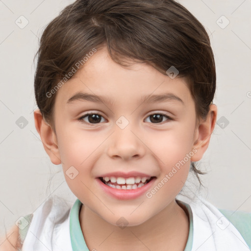 Joyful white child female with medium  brown hair and brown eyes