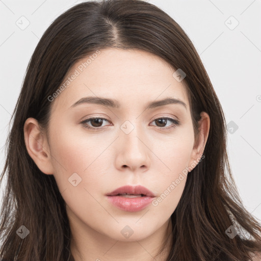 Neutral white young-adult female with long  brown hair and brown eyes