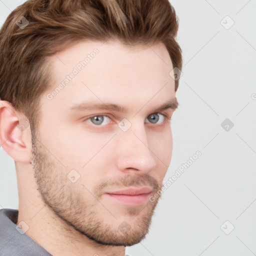 Neutral white young-adult male with short  brown hair and grey eyes