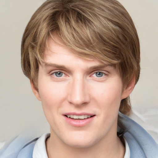 Joyful white young-adult female with medium  brown hair and blue eyes