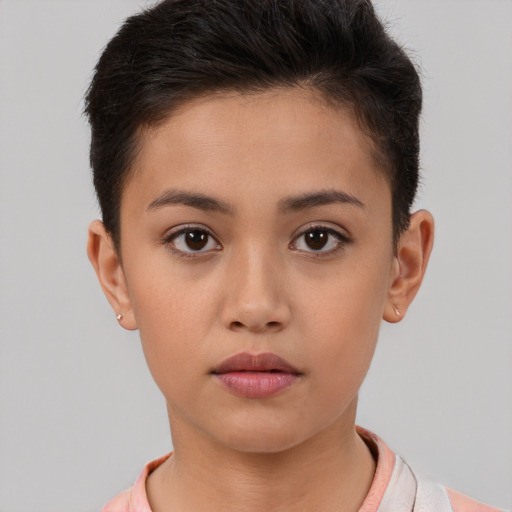 Neutral white young-adult female with short  brown hair and brown eyes