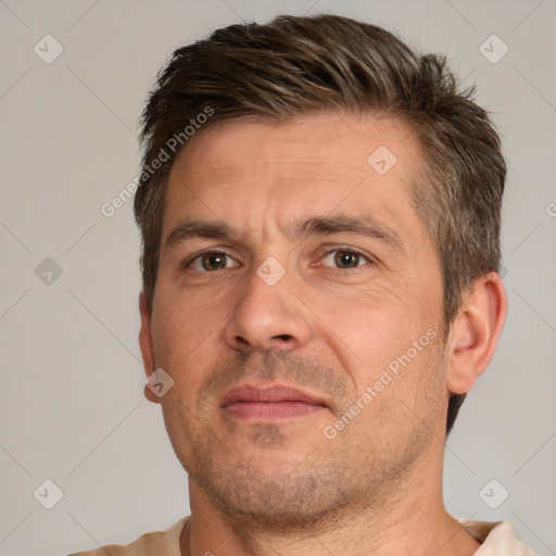 Neutral white adult male with short  brown hair and brown eyes