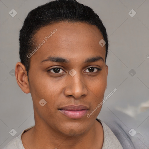 Neutral latino young-adult male with short  black hair and brown eyes