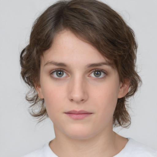 Neutral white young-adult female with medium  brown hair and green eyes