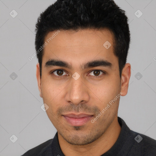 Neutral latino young-adult male with short  black hair and brown eyes