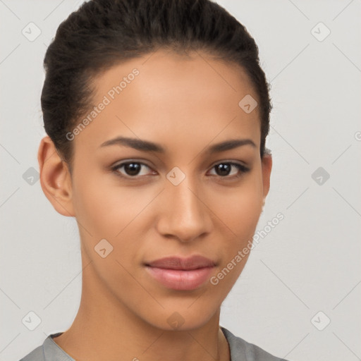 Joyful latino young-adult female with short  brown hair and brown eyes