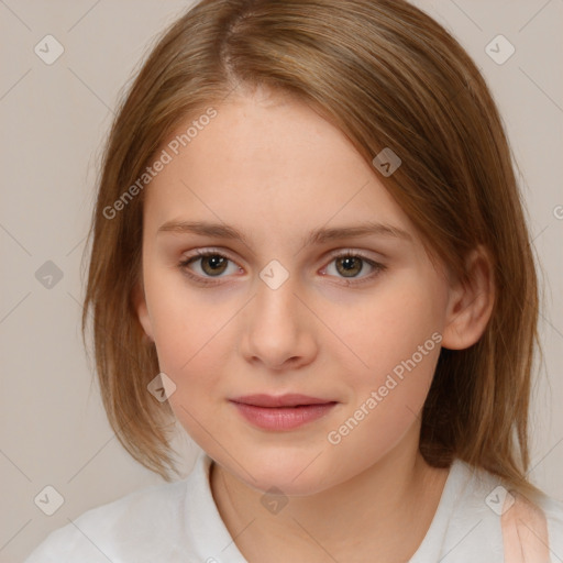 Joyful white child female with medium  brown hair and brown eyes