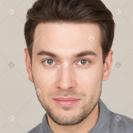 Neutral white young-adult male with short  brown hair and grey eyes