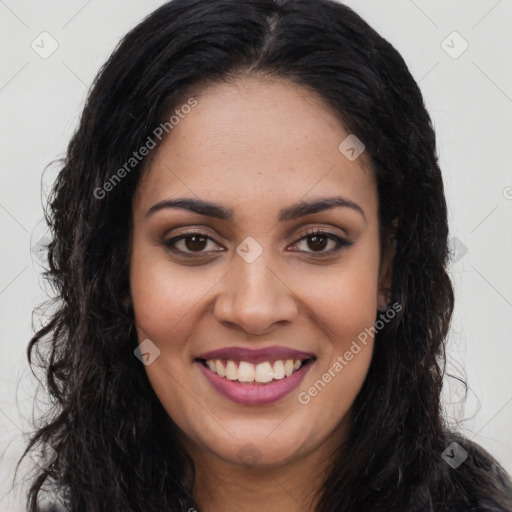 Joyful latino young-adult female with long  brown hair and brown eyes