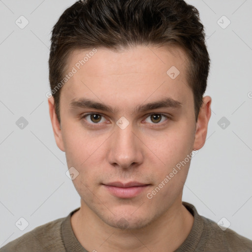 Neutral white young-adult male with short  brown hair and grey eyes