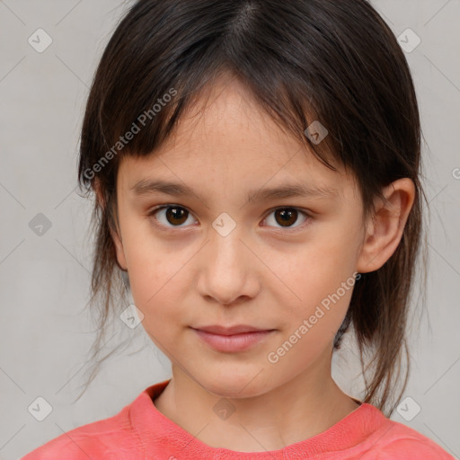 Joyful white child female with medium  brown hair and brown eyes