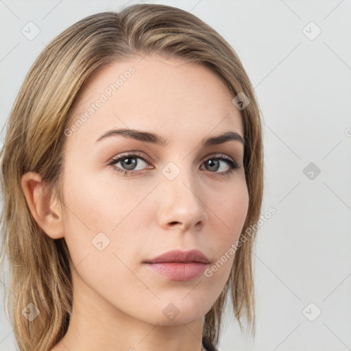 Neutral white young-adult female with long  brown hair and grey eyes