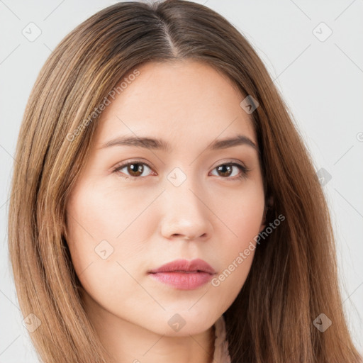 Neutral white young-adult female with long  brown hair and brown eyes