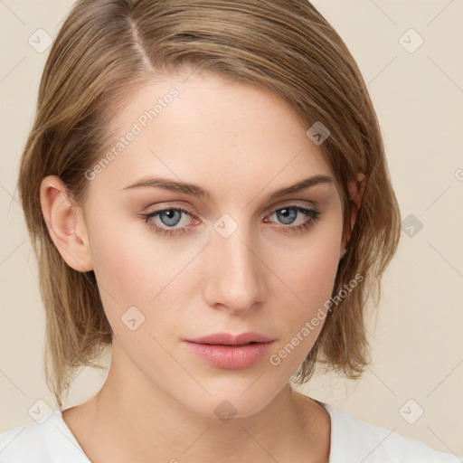 Neutral white young-adult female with medium  brown hair and grey eyes