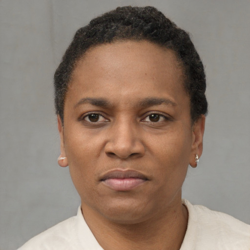 Joyful black adult female with short  brown hair and brown eyes
