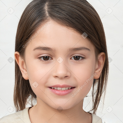 Joyful white child female with medium  brown hair and brown eyes