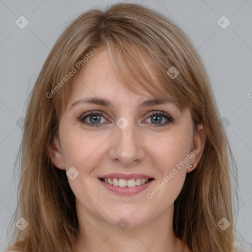 Joyful white young-adult female with long  brown hair and grey eyes