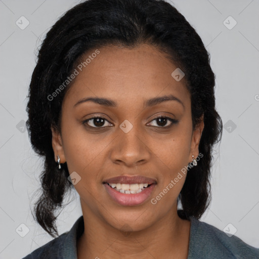 Joyful black young-adult female with medium  black hair and brown eyes