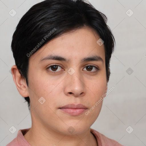 Neutral asian young-adult female with short  brown hair and brown eyes