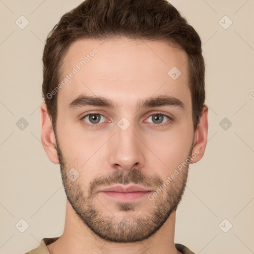 Neutral white young-adult male with short  brown hair and grey eyes