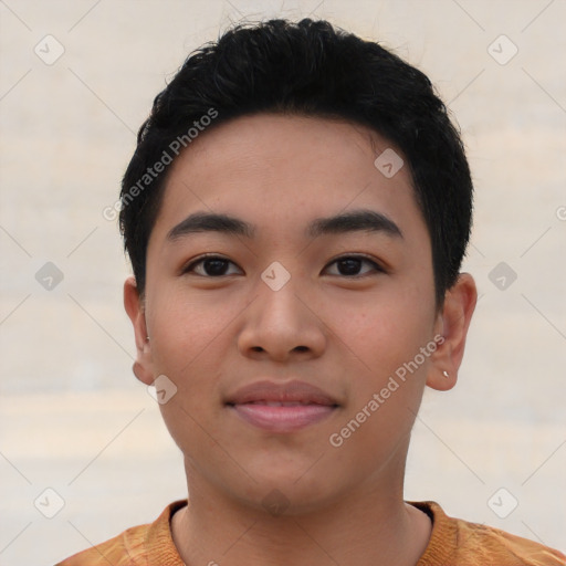 Neutral asian young-adult male with short  black hair and brown eyes