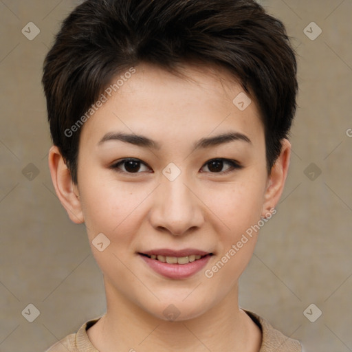 Joyful asian young-adult female with short  brown hair and brown eyes