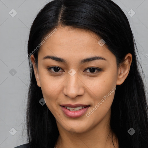 Joyful latino young-adult female with long  brown hair and brown eyes