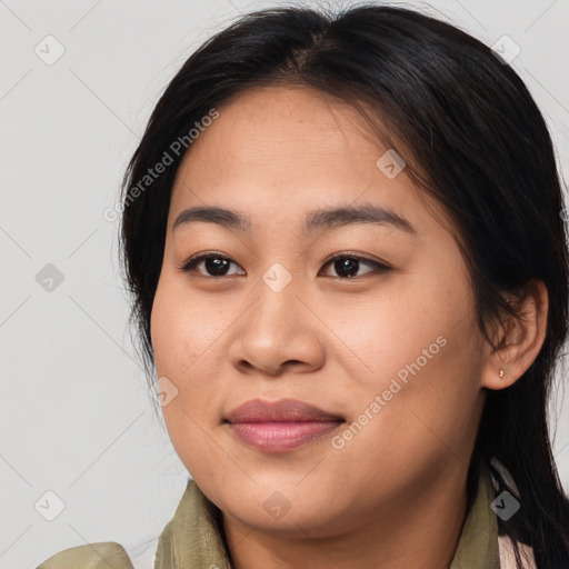 Joyful asian young-adult female with medium  brown hair and brown eyes