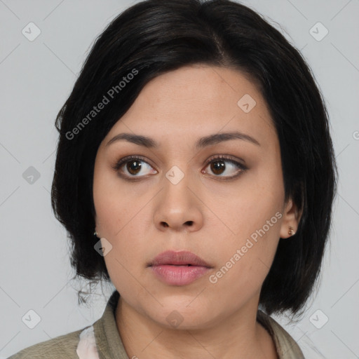 Neutral asian young-adult female with medium  black hair and brown eyes