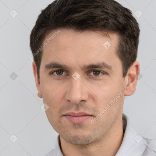 Neutral white young-adult male with short  brown hair and brown eyes