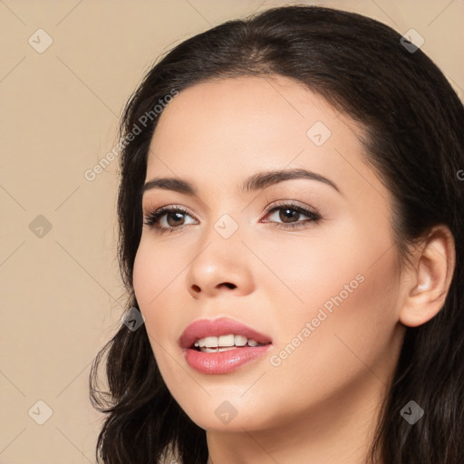 Joyful white young-adult female with long  black hair and brown eyes