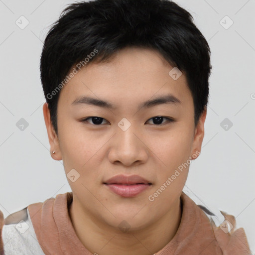Joyful asian young-adult female with short  black hair and brown eyes