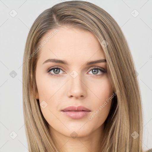 Neutral white young-adult female with long  brown hair and brown eyes