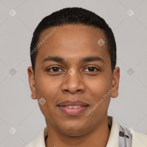 Joyful black young-adult male with short  black hair and brown eyes