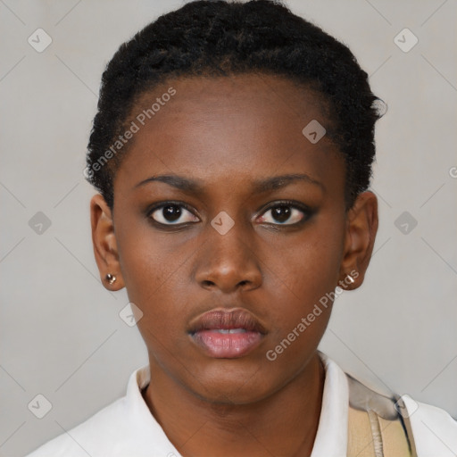 Neutral black young-adult female with short  black hair and brown eyes