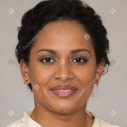 Joyful latino young-adult female with short  brown hair and brown eyes