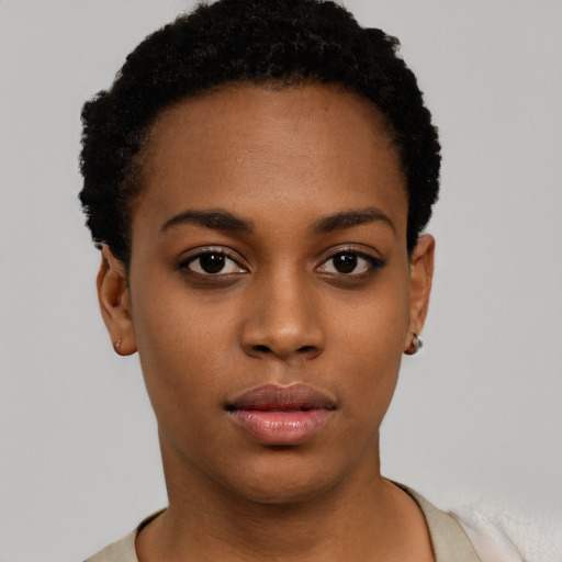 Neutral black young-adult female with short  black hair and brown eyes